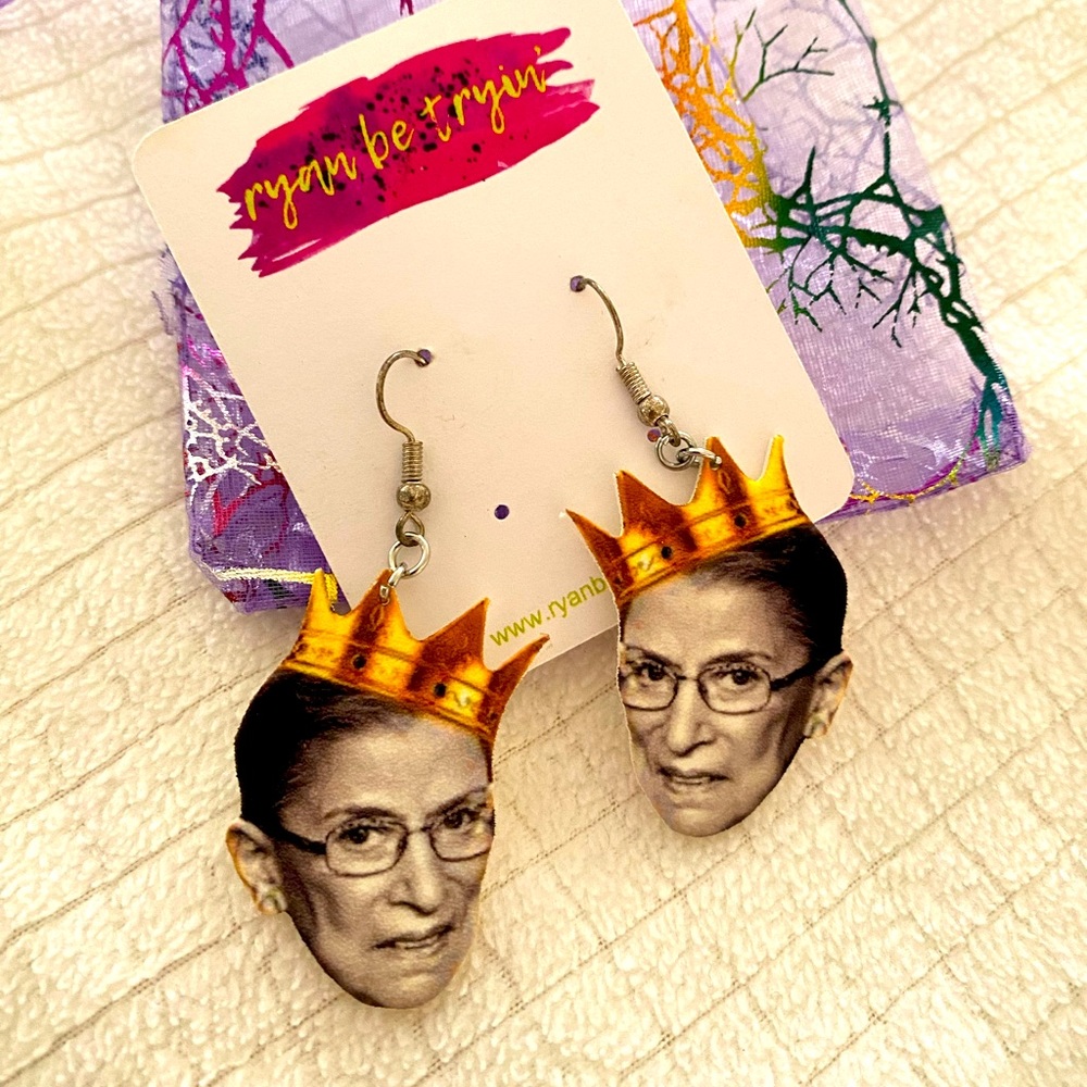 Ruth Bader Ginsburg Specialty Fishhook Earrings & Gift bag, New, Never Worn